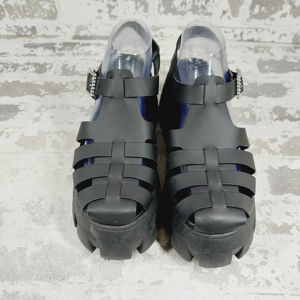 Sam Edelman Black Platform Fisherman Sandals with Crystal Buckle